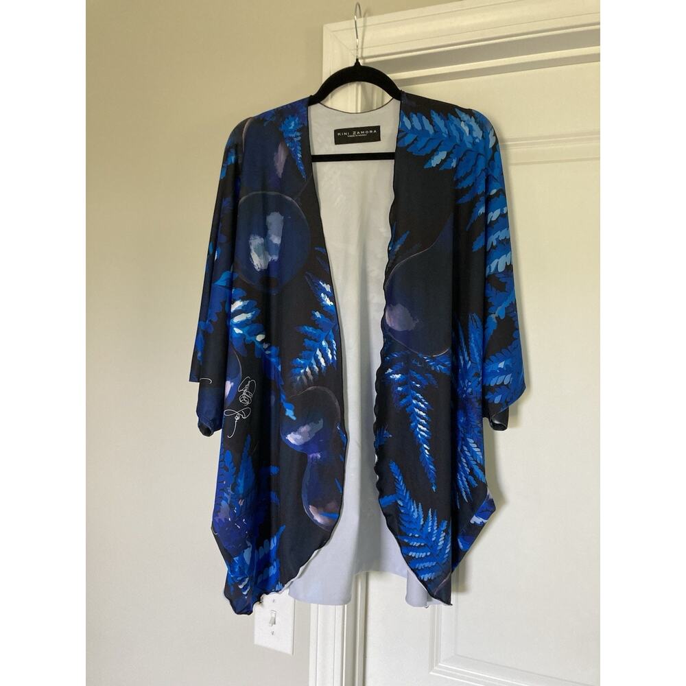 Kini Zamora Dark Blue Black Kimono Bathing Suit Beach Cover Up Stretch Aloha OS